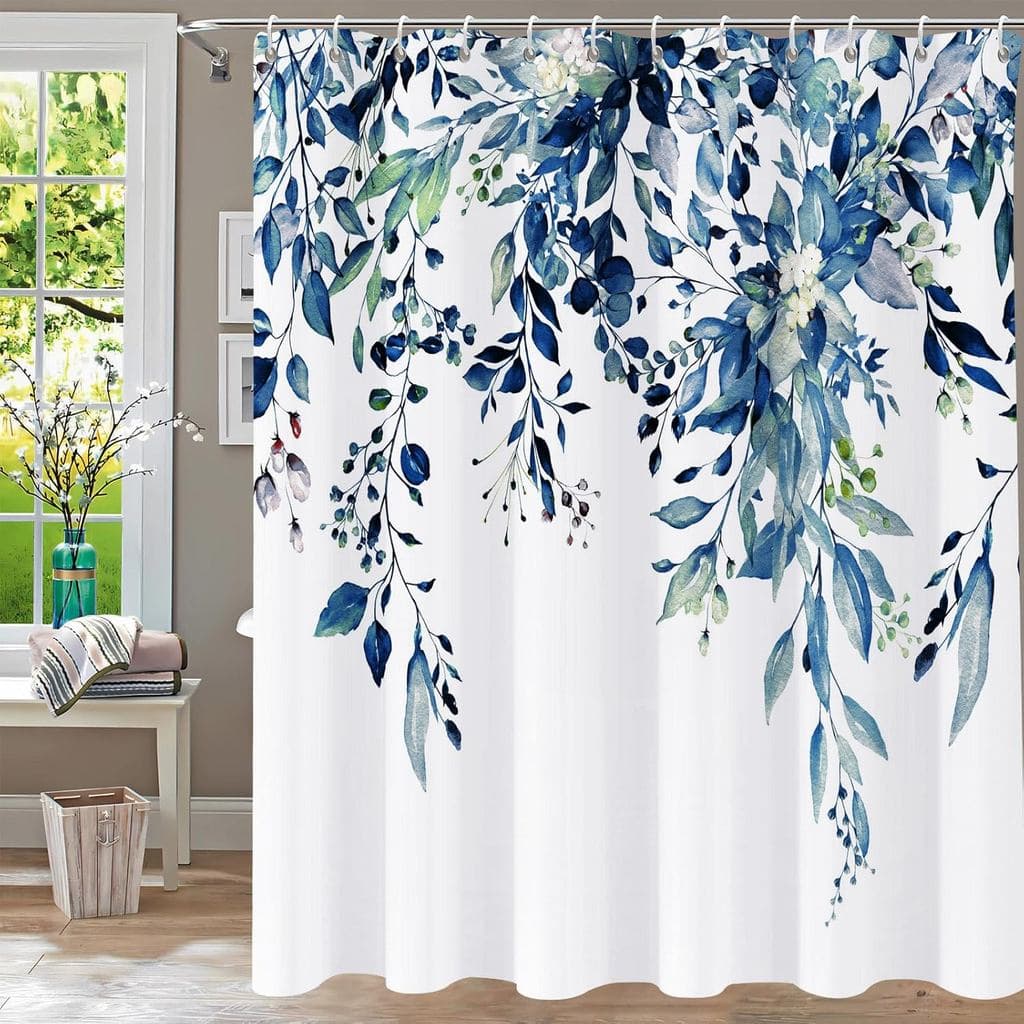 Cortina de Chuveiro Azul com Estampa de Eucalipto, Conjuntos de Cortinas de Chuveiro com Folhas em Aquarela, Cortinas de
