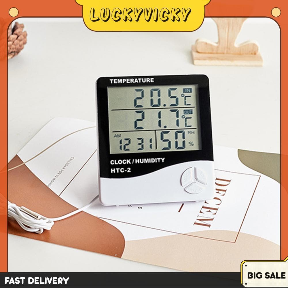 Medidor eletrônico de temperatura e umidade HTC-2 com tela LCD, sensor de temperatura e umidade, fundo branco e bege, texto 'FAST DELIVERY' e 'BIG SALE'.