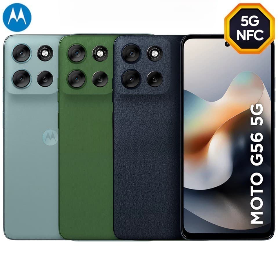 Imagem do Moto G56 5G em três cores: verde, cinza e azul, com detalhes do dispositivo.