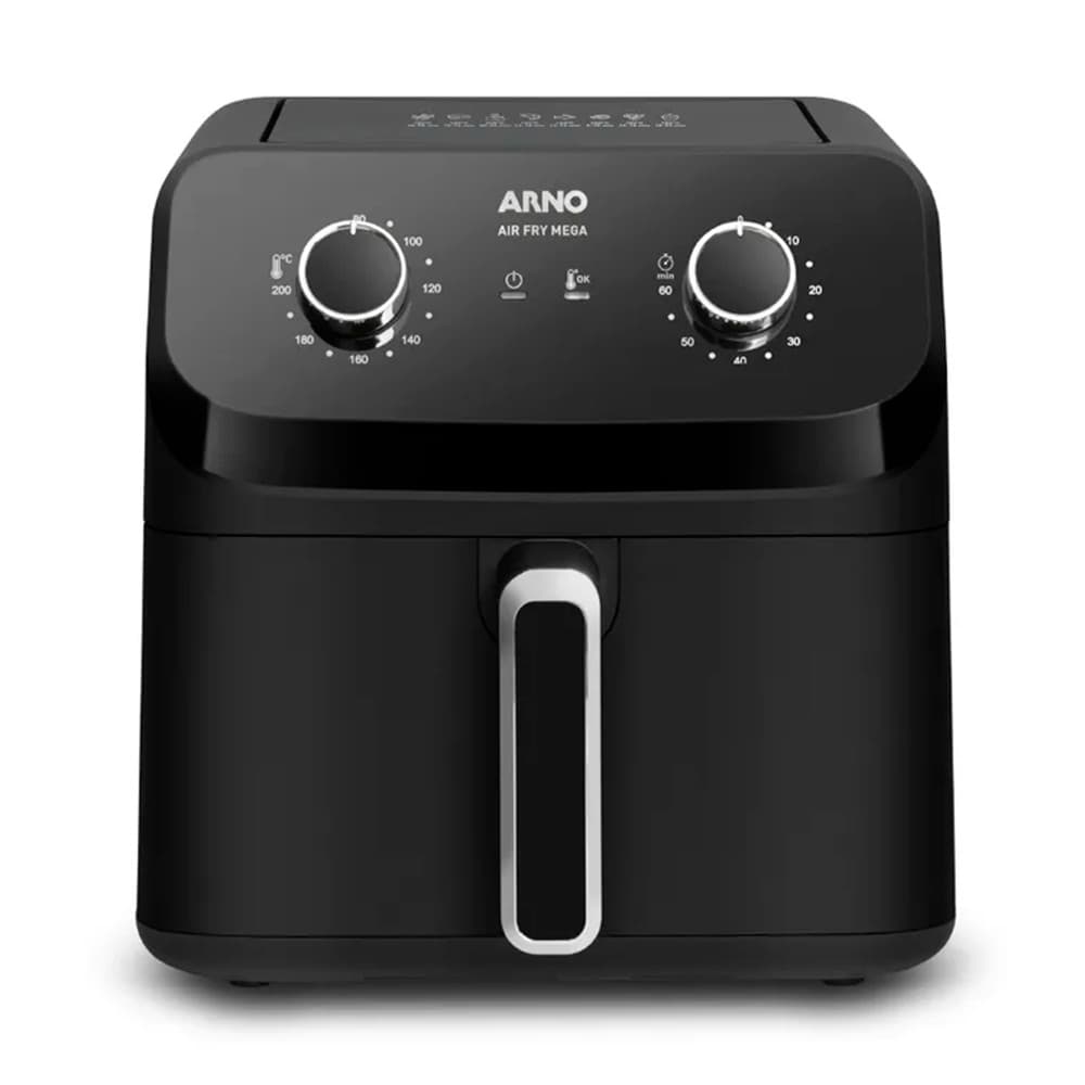 Fritadeira elétrica sem óleo Arno Air Fry Mega 7,5L, preta com detalhes prata, contra fundo branco, com botões rotativos e logotipo visível.