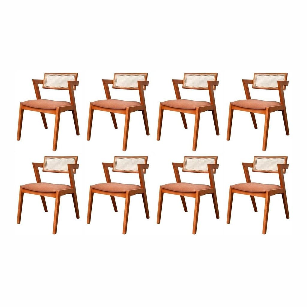 Kit 8 Cadeiras Madeira Maciça, Rattan de Fibra 100% Natural e Estofada Verona Espresso Móveis  Champagne/Couro Marrom