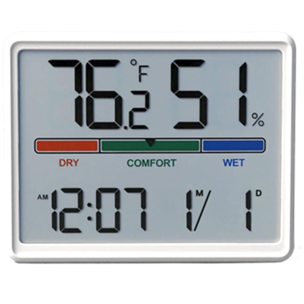 Higrômetro digital branco com tela LCD mostrando temperatura, umidade e conforto