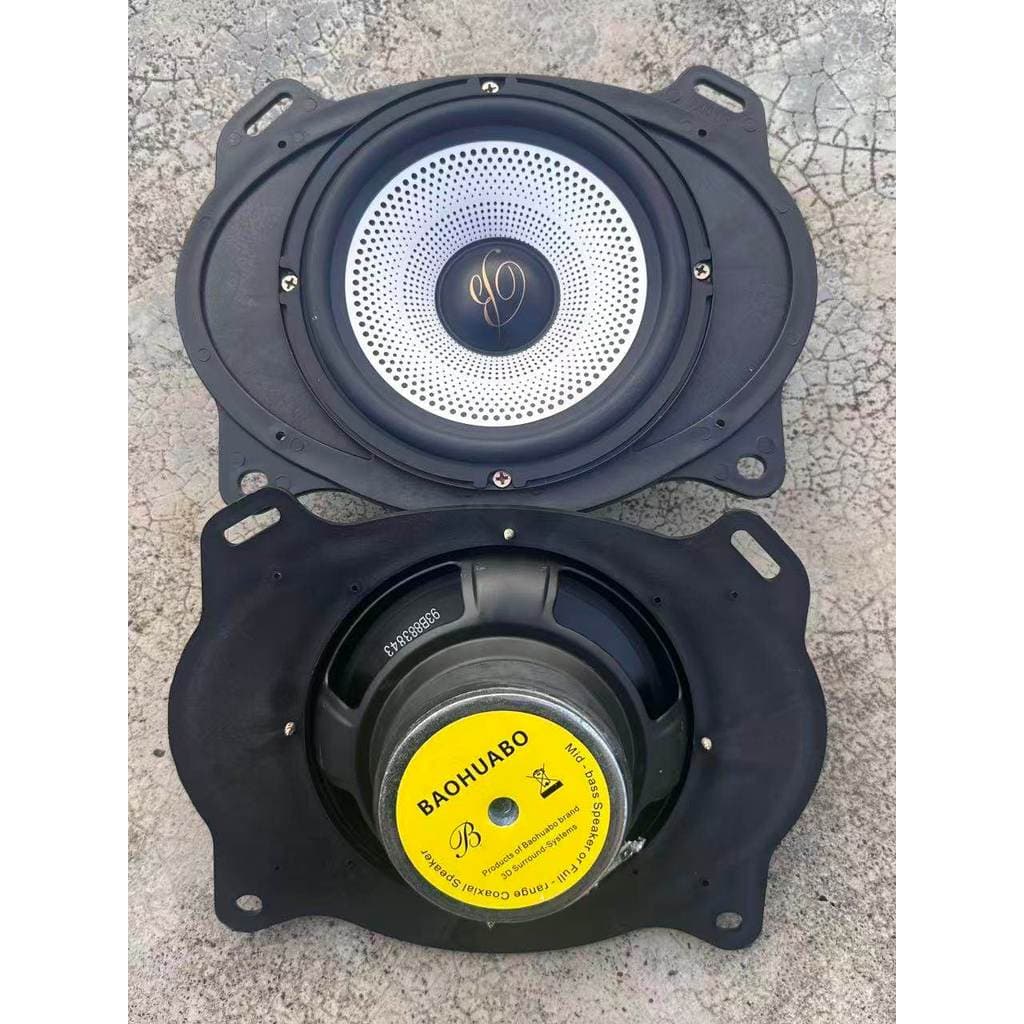 Alto-falantes Burmester 6x9 para áudio automotivo, fundo craquelado, etiqueta amarela