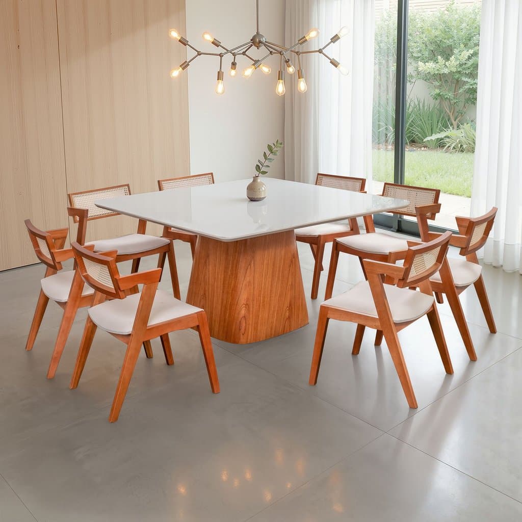 Conjunto Mesa Bérgamo com 8 Cadeiras Madeira Maciça, Estofada e Rattan de Fibra 100% Natural Verona  Natural Verona