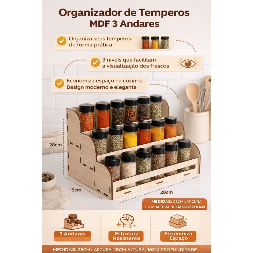 Organizador de Temperos MDF 3 Andares - Economia de Espaço na Cozinha