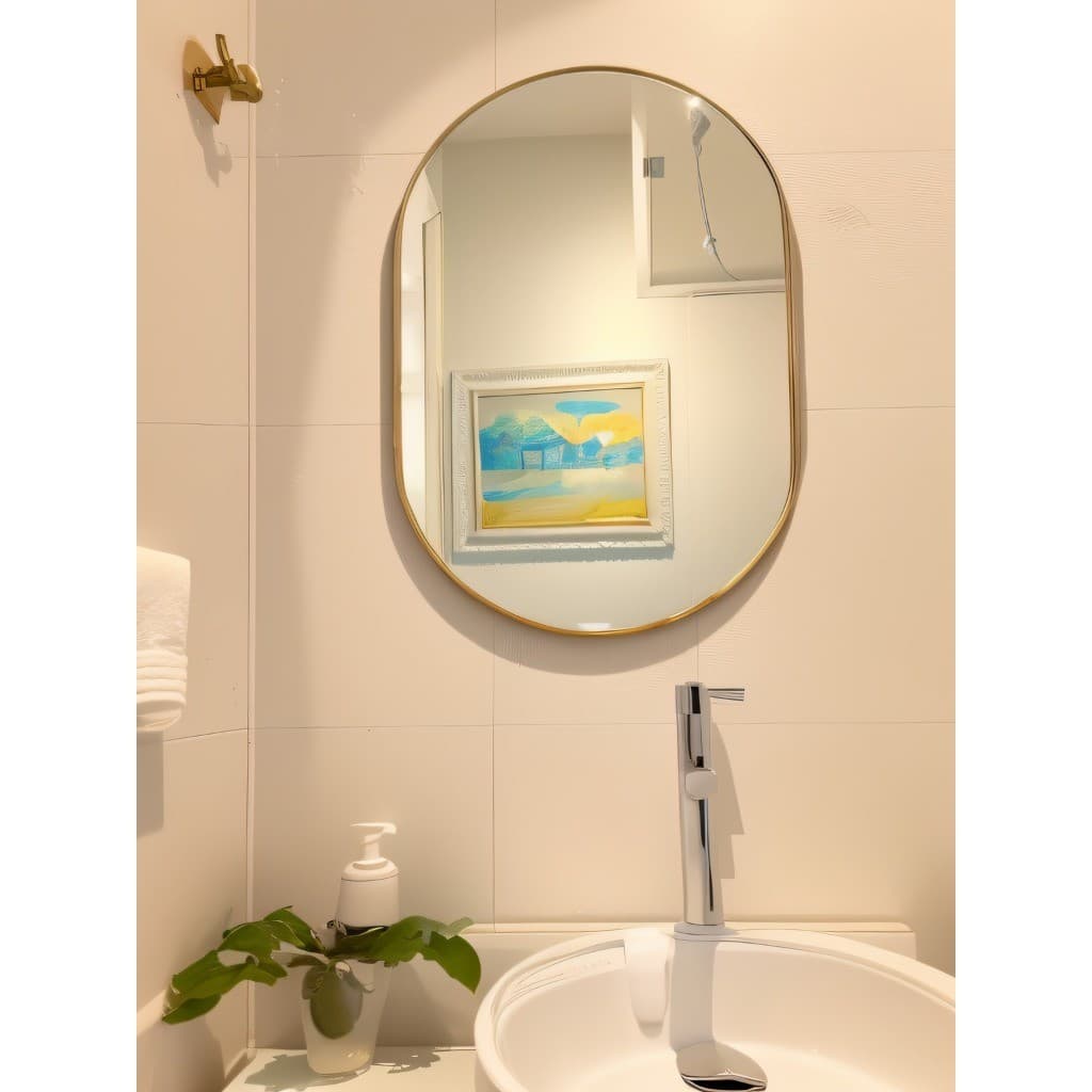 Espelho oval grande com moldura dourada ouro refletindo parede com azulejos brancos e quadro decorativo