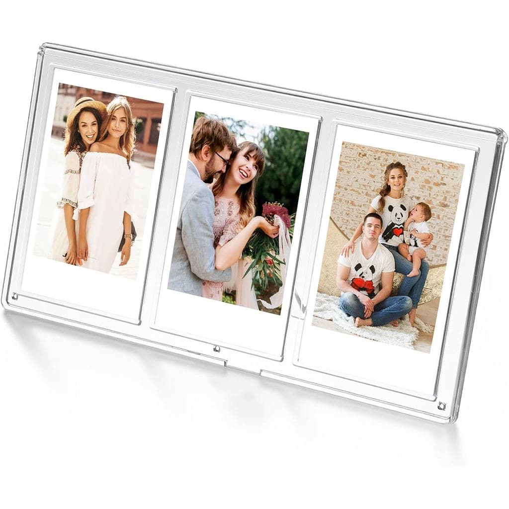 Mini porta-retratos em colagem vertical transparente com três fotos de pessoas sorridentes