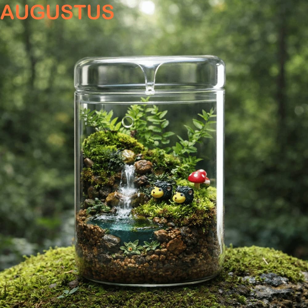Vaso de vidro Augusto transparente com mini jardim e cascata, plantas e musgo