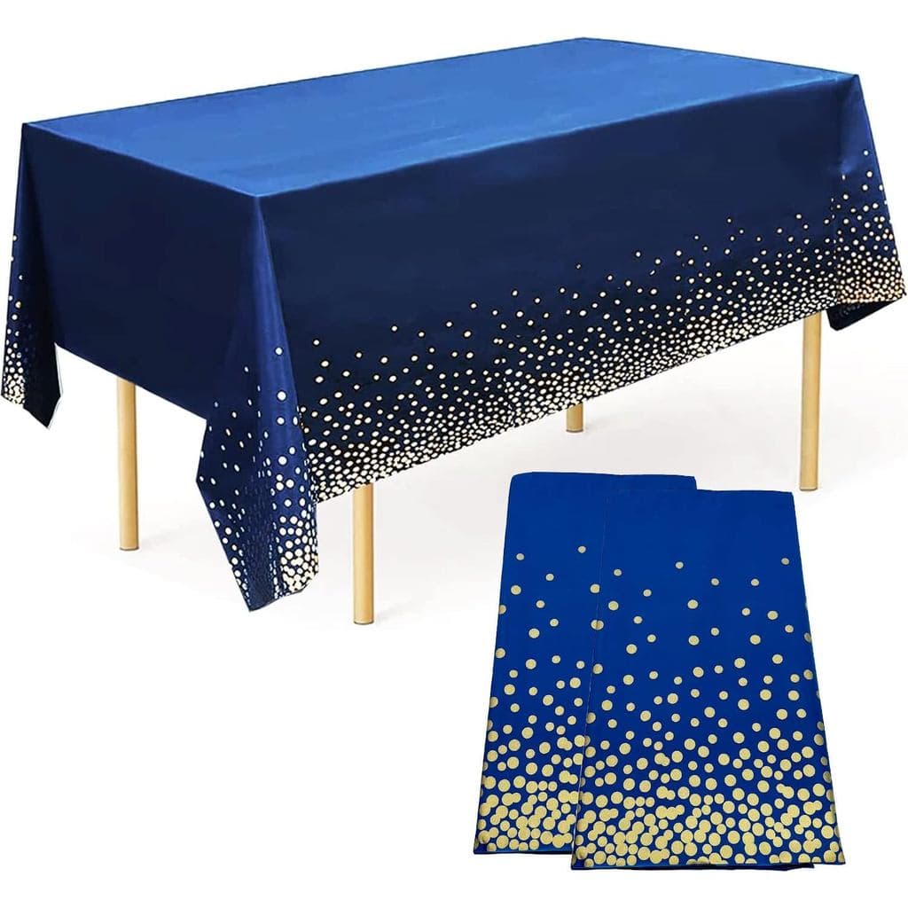Toalha de mesa azul marinho com detalhes dourados para festa de aniversário