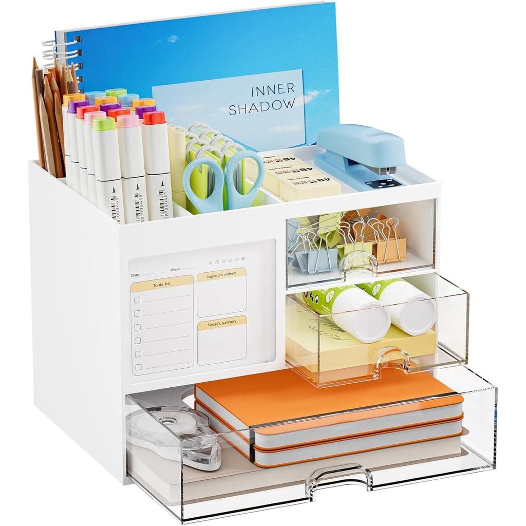 Organizador de mesa branco com três gavetas transparentes para itens de escritório