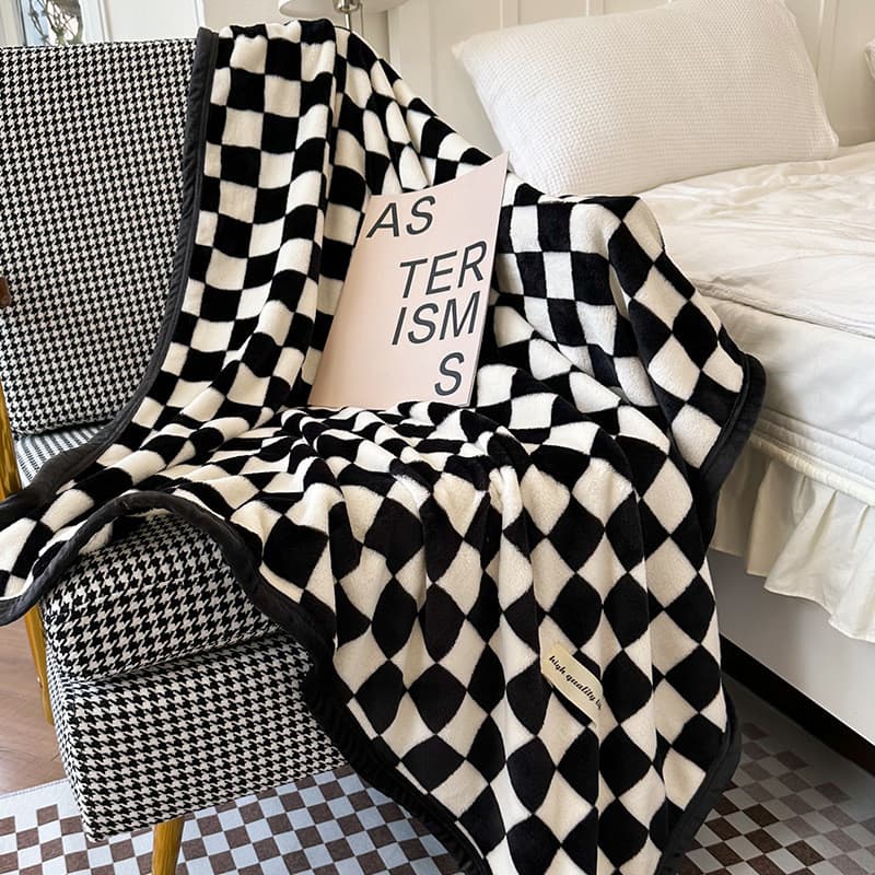 Manta de lã xadrez preto e branco para sofá ou cama