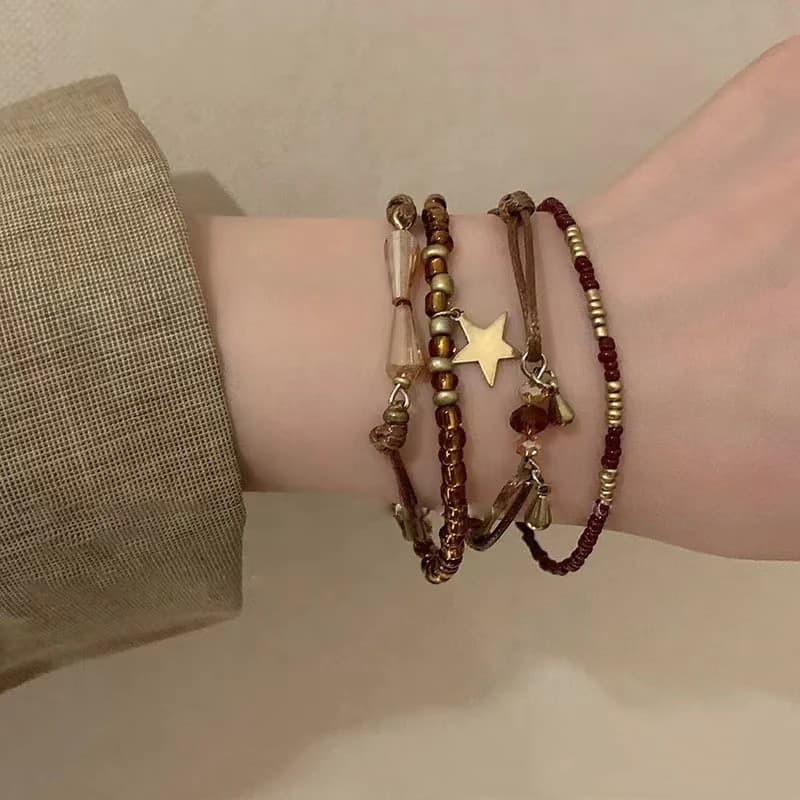 Bom Pentagrama curry Cor Étnica Multicamadas Empilhada Pulseira De Contas Conjunto De 4 Peças Acessórios Masculinos E Fe