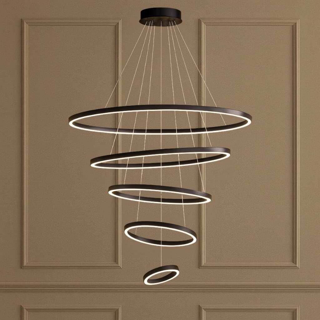 Lustre Pendente Espiral LED 5 Anéis Preto Fosco Moderno Pé Direito Duplo Alto Brilho Sala Hall Escada Hight Comercio