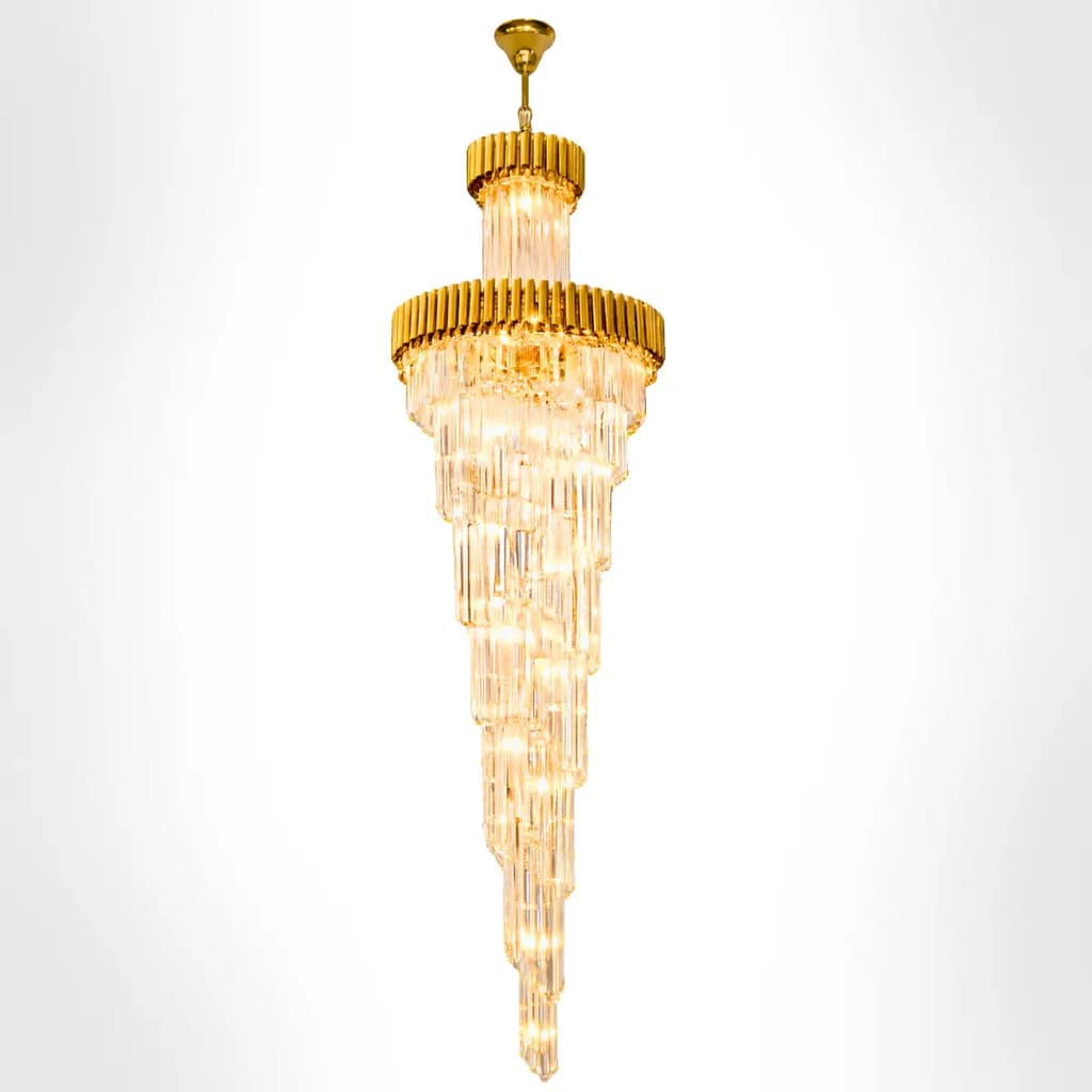 Lustre Cascata Cristal K9 Dourado Luxo Alto Padrão Pé Direito Duplo Sala Hall Escada LED Premium Lumiville