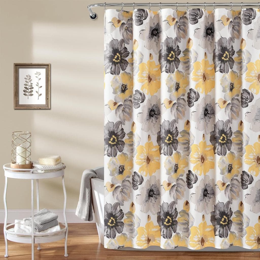 Cortina de Chuveiro Floral Leah da Lush Decor, 72" L x 72" C, Amarelo e Cinza - Cortinas de Chuveiro de Tecido - Cortina