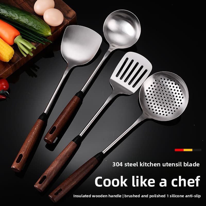 Utensílios de cozinha de aço inoxidável 304 com cabos de madeira