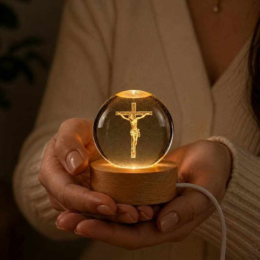 Luminária de mesa bola de cristal Jesus Cristo 3D USB Bíblia base madeira