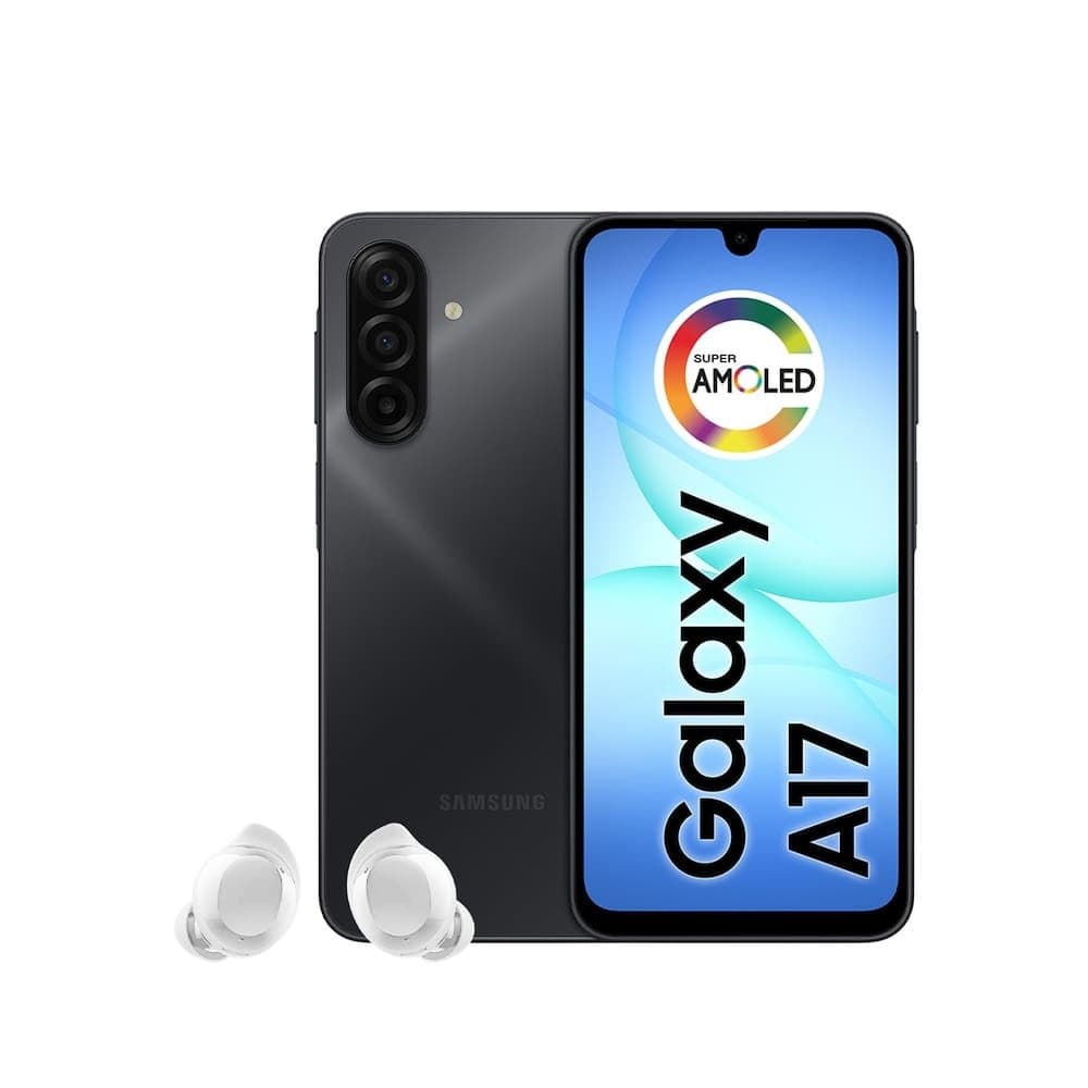 Smartphone Samsung Galaxy A17 4G 256GB com fones Buds brancos em fundo branco