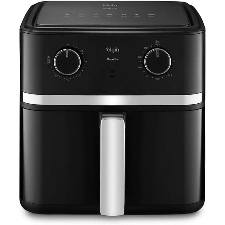 Fritadeira Elétrica Air Fryer Gran Fry Elgin - 8 Litros, 110V, com controles rotativos e logo da marca.