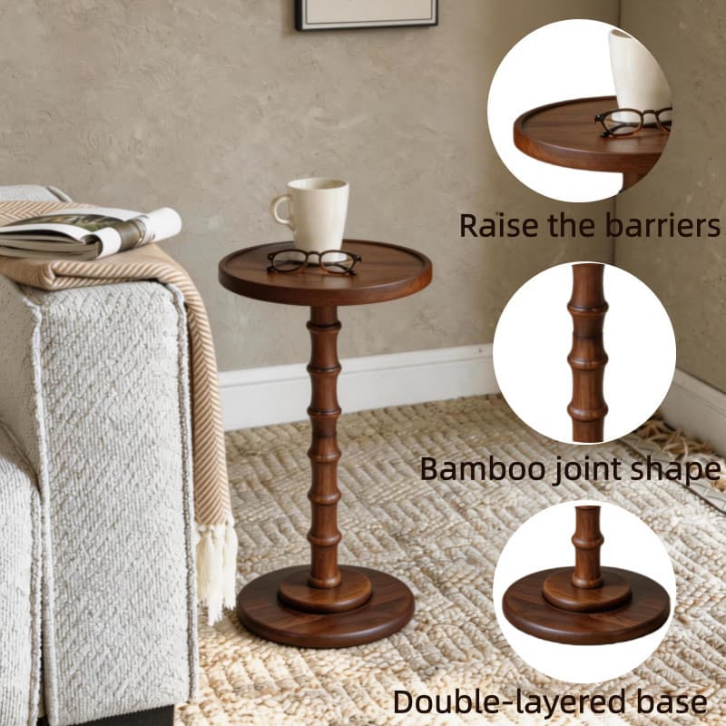 Mesa lateral elevável em madeira com base dupla e junção de bambu, para sala de estar.
