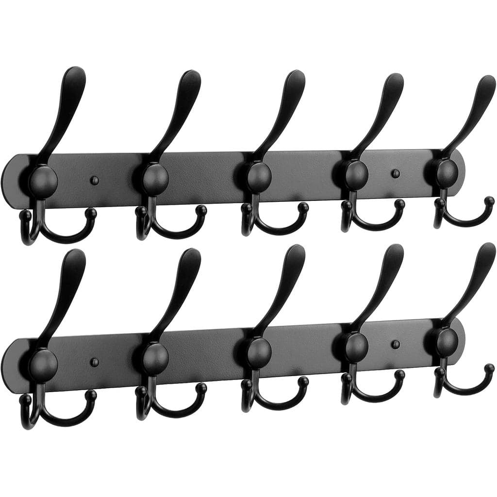 Suporte de parede preto com ganchos, dois níveis, cinco ganchos cada, design simples