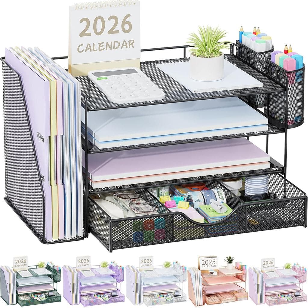 Organizador de mesa preto com suporte para arquivos e itens de escritório
