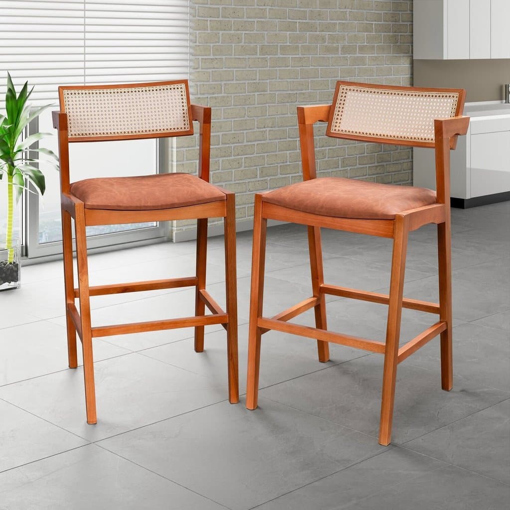 Kit 2 Banquetas Madeira Maciça, Estofada e Rattan de Fibra 100% Natural Nápoles Espresso Móveis  Champagne/Couro