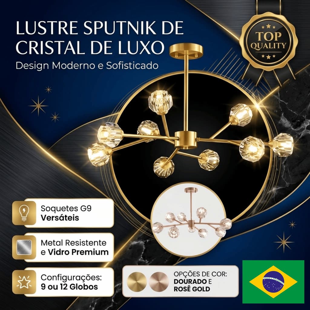 Lustre Sputnik de Cristal de Luxo com 9 ou 12 globos em dourado ou rose gold