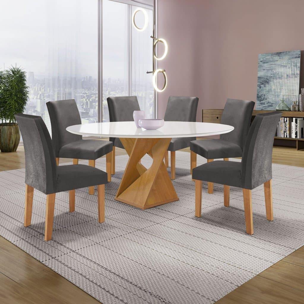 Conjunto de mesa redonda com seis cadeiras de veludo cinza e base de madeira cinamamo