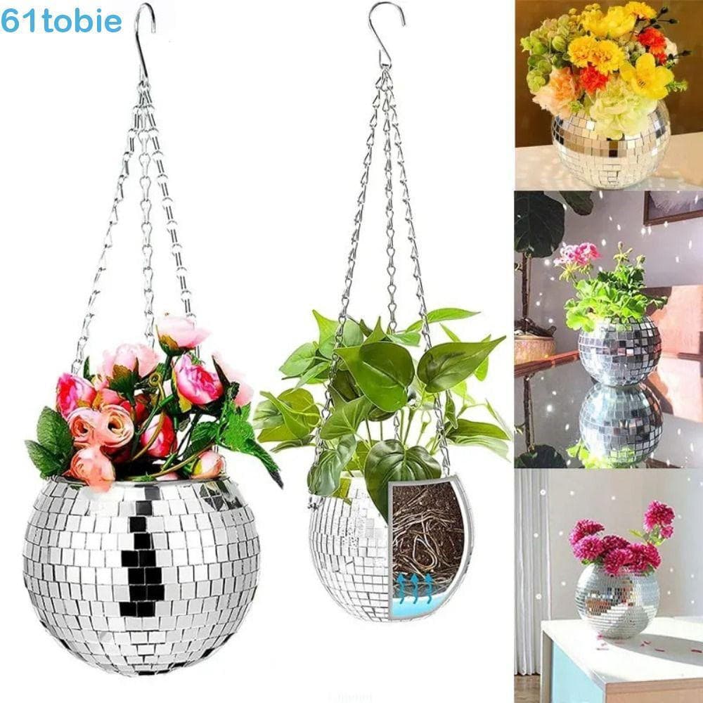 Vaso de flores suspenso TOBIE com espelho de vidro e correntes metálicas