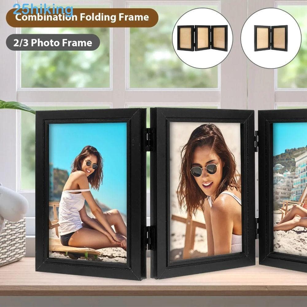Conjunto de três molduras retangulares pretas dobráveis com fotos de praia