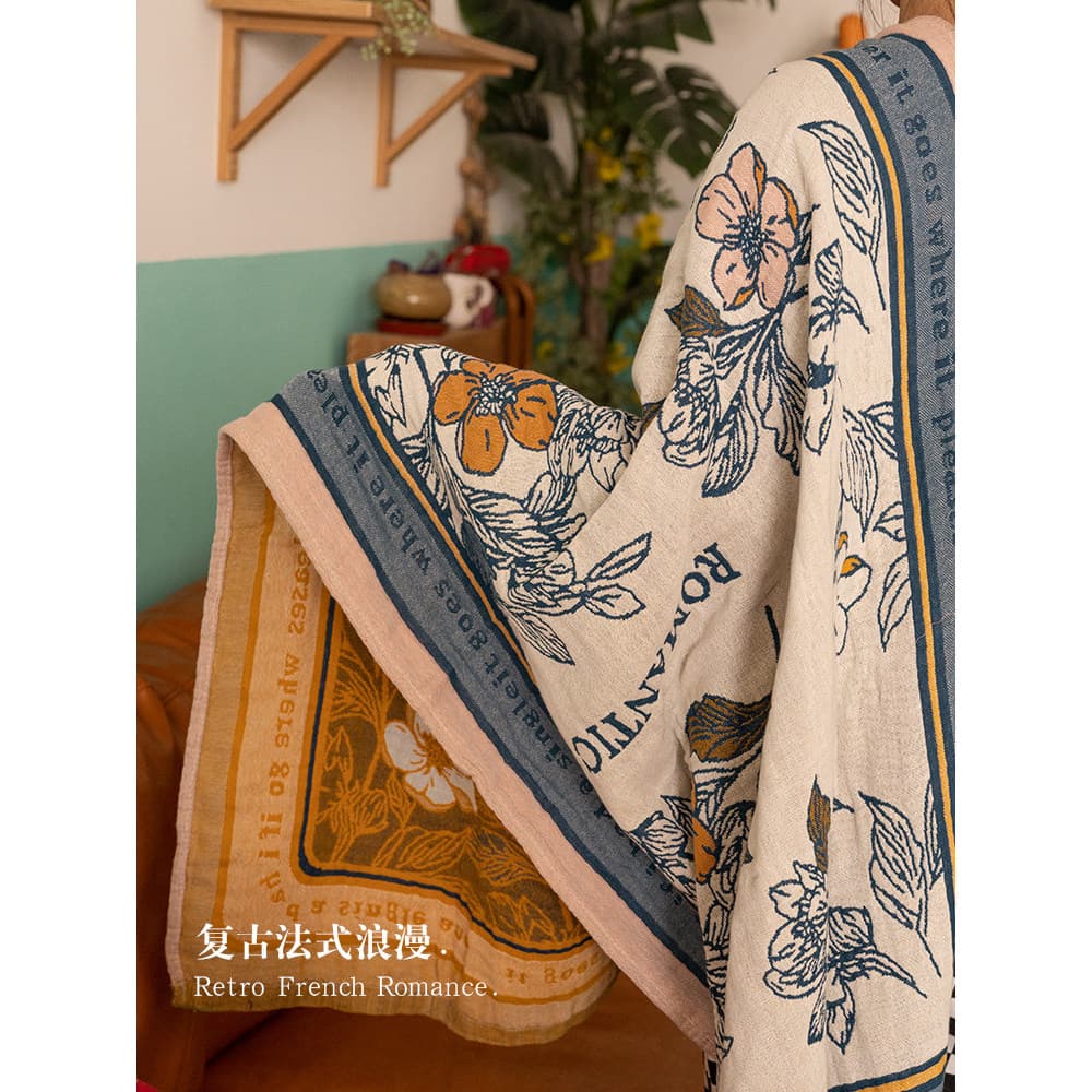 Toalha de banho feminina de algodão puro estilo retro com design floral azul e amarelo