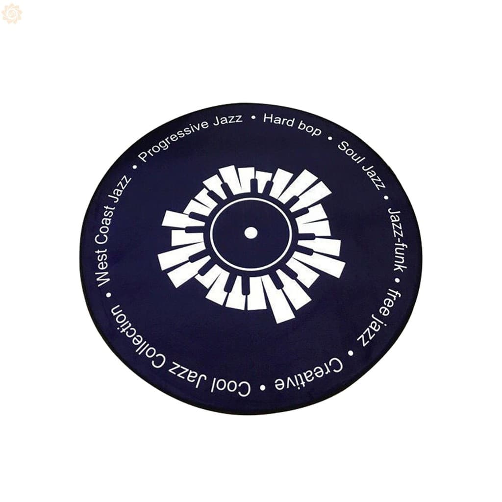 Tapete de vinil circular com design de teclado de piano e termos musicais em branco sobre fundo azul escuro