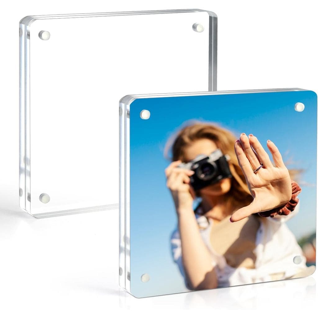 Porta-retratos de acrílico transparente 3x3 com ímã forte, moldura prateada
