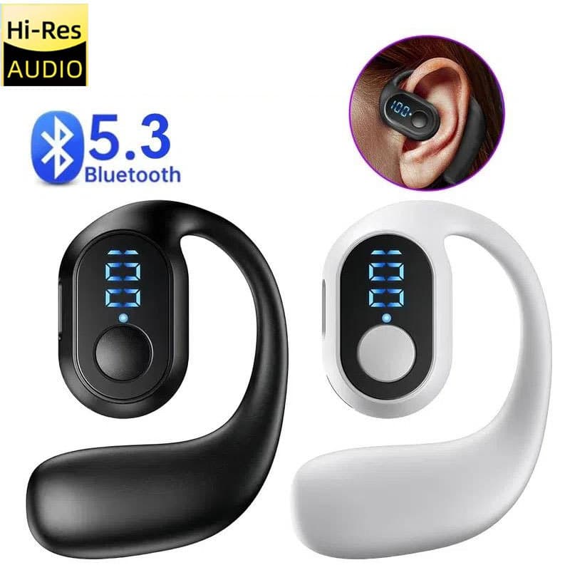 Fone de ouvido Bluetooth mono à prova d'água, preto e branco, com display digital e controle de Bluetooth