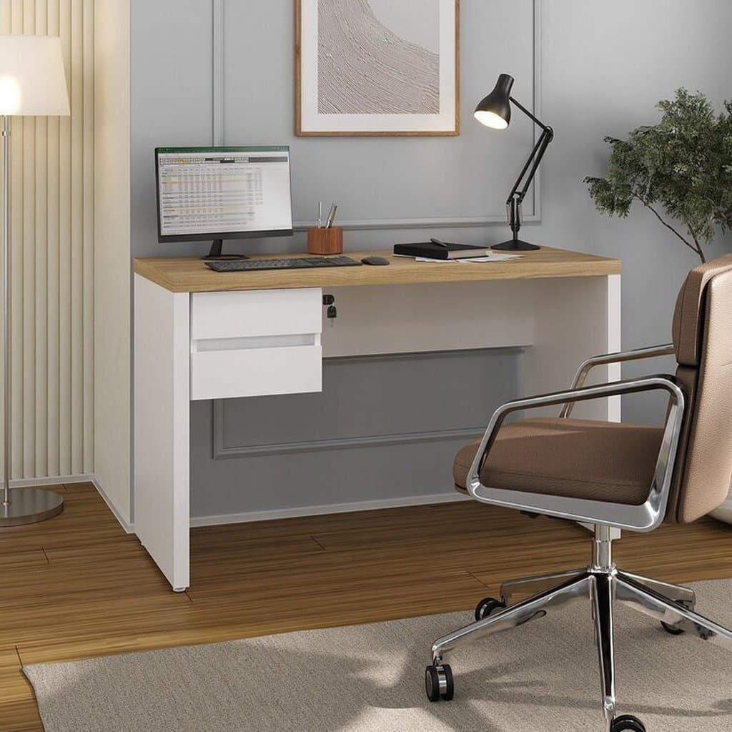 Escrivaninha Mesa Escritório Minimalista Toq com com Chave 2 Gavetas 120cm Olmo E Branco 02 Gavetas