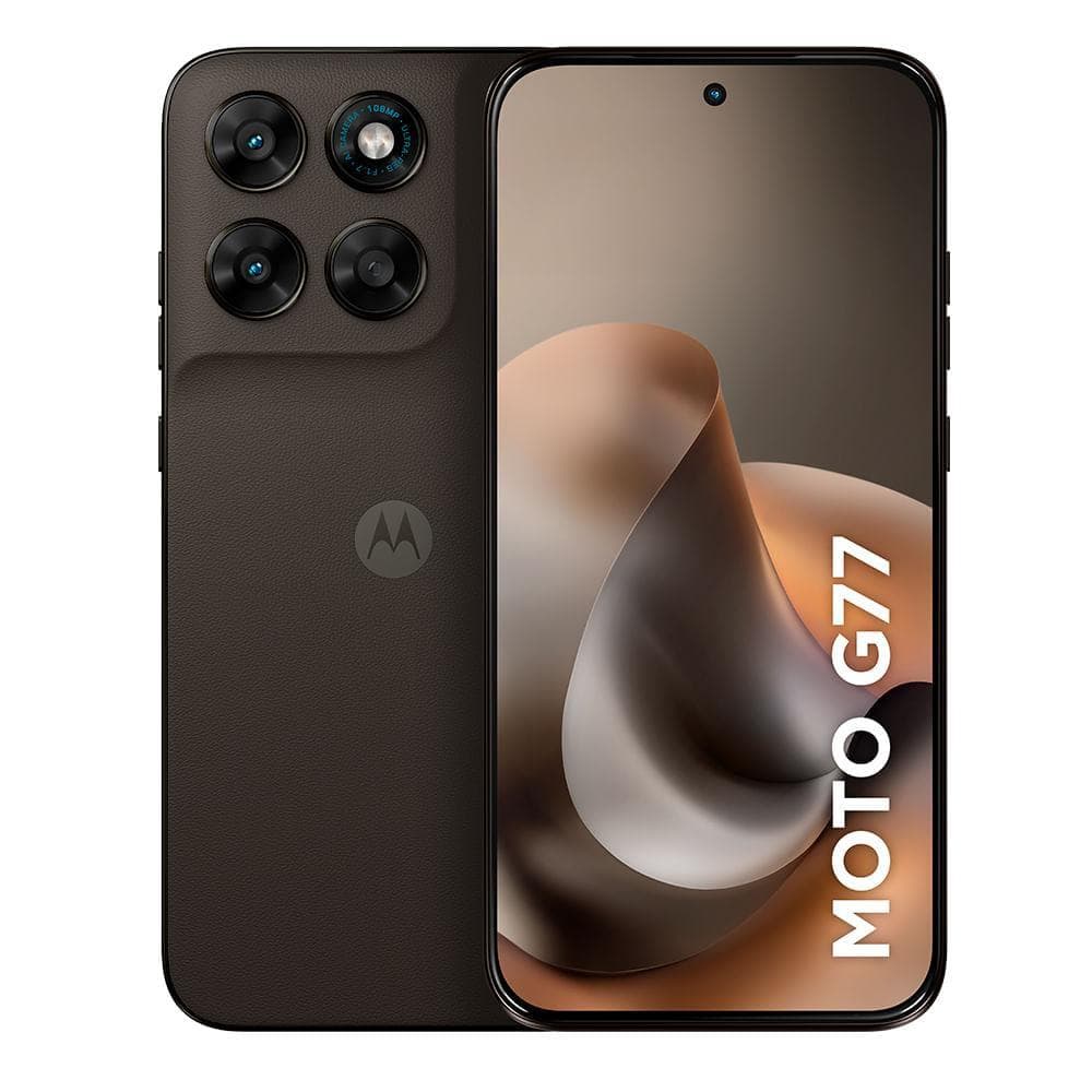 Smartphone Motorola Moto G77 5G marrom com quatro câmeras traseiras e texto MOTO G77 na tela