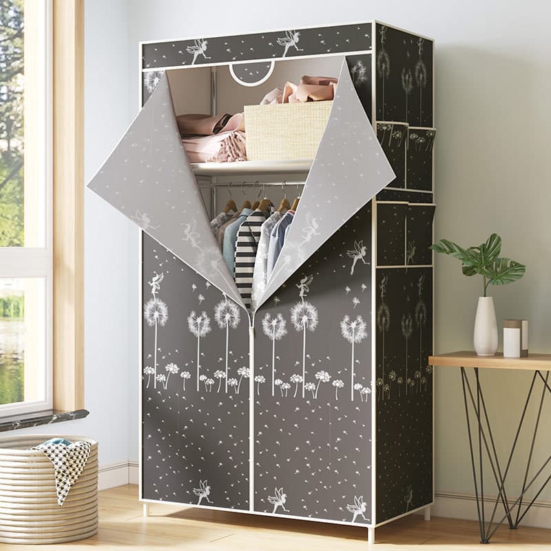 Guarda-roupa com tecido de pano e padrão de flores, portas dobráveis, cinza, para armazenamento de roupas
