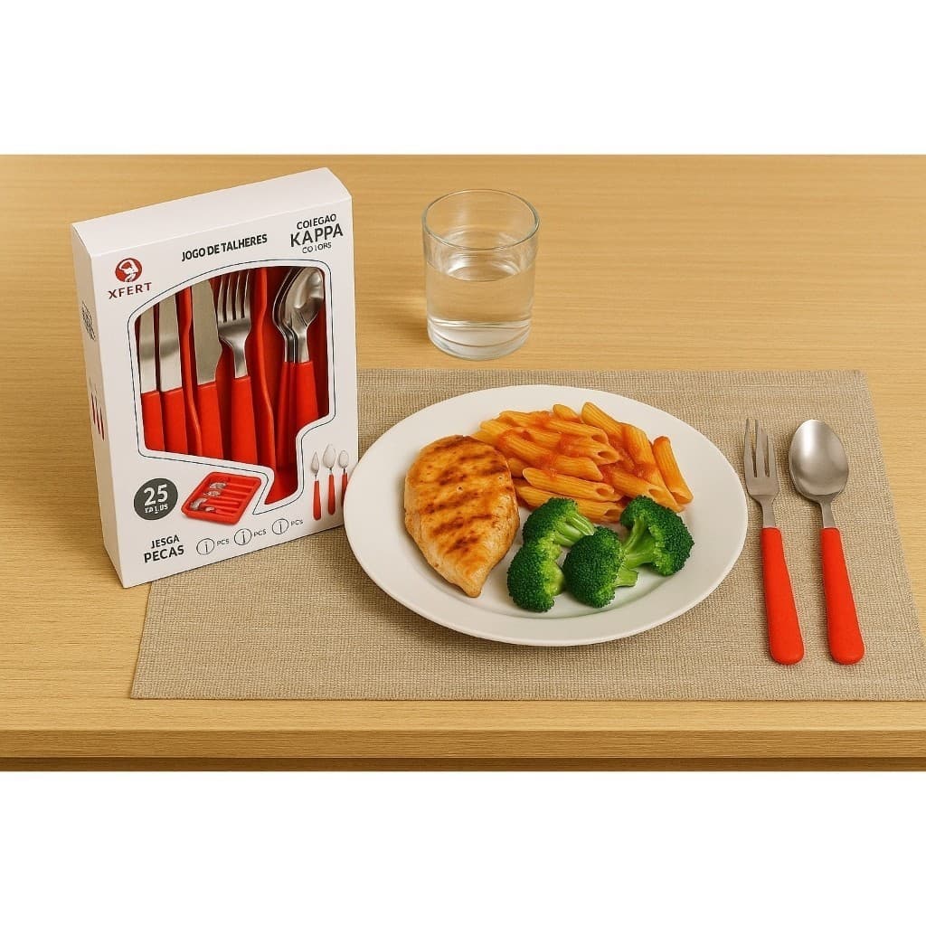 Talheres vermelhos com cabo de silicone em um prato com frango, macarrão e brócolis, em uma mesa com uma caixa Kappa.