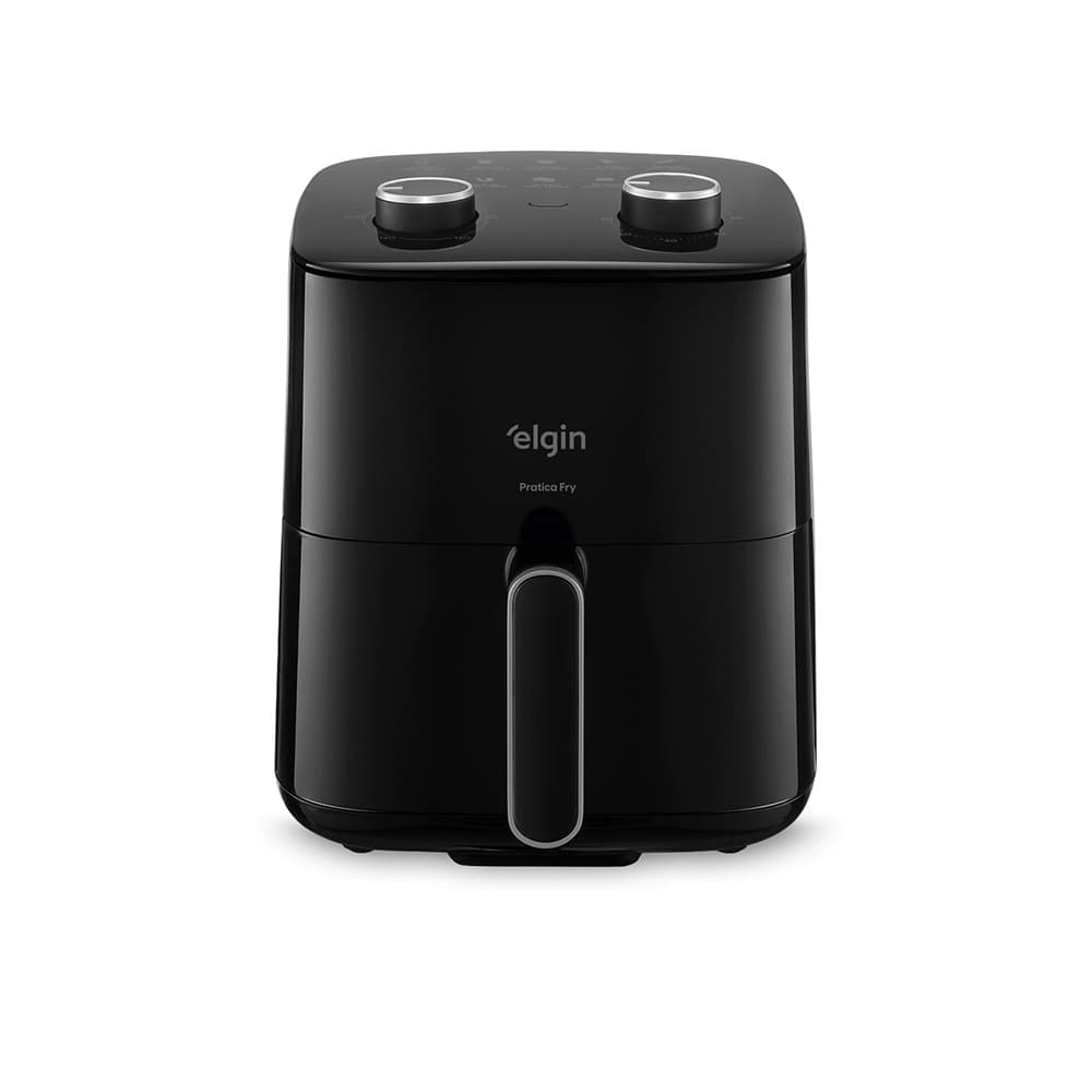 Fritadeira Air Fryer Preta Elgin com grelha removível, controles digitais e design elegante