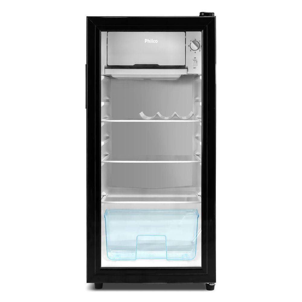 Frigobar Philco 85L com 7 níveis de temperatura, porta preta e interior vazio