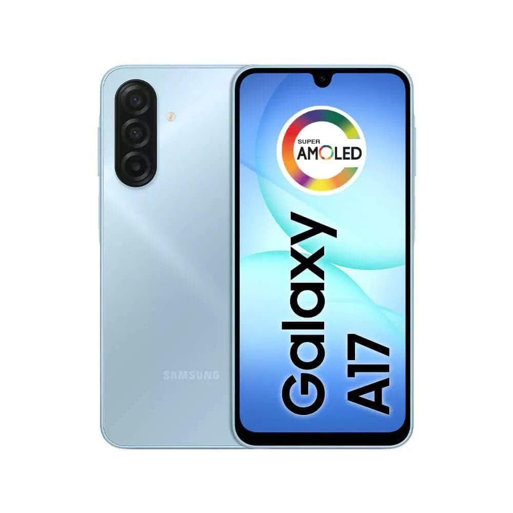 Smartphone Samsung Galaxy A17 4G 128GB 4GB RAM azul com três câmeras no verso