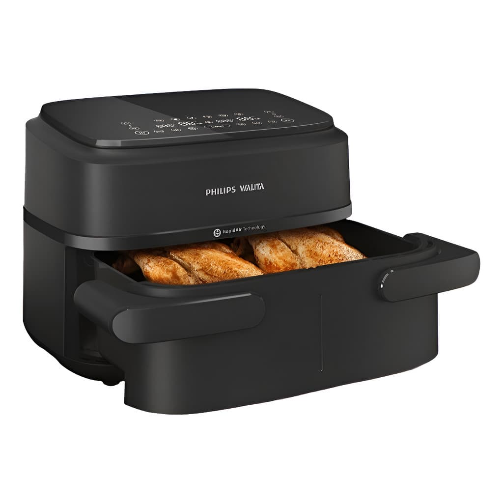 Fritadeira Airfryer Duplo Cesto Preto Philips Walita com cestos abertos mostrando pão torrado