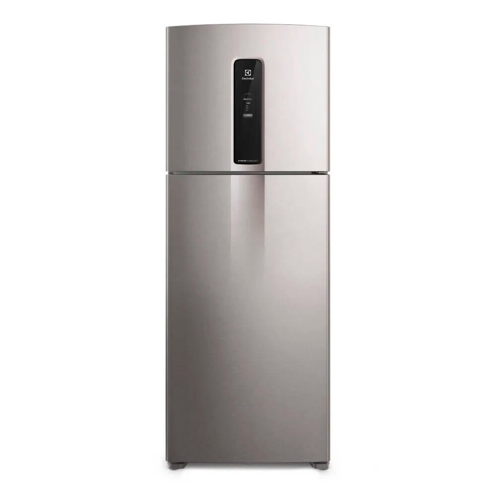 Geladeira Electrolux 2 portas 480 litros Frost Free, cor prata, controle digital, fundo branco