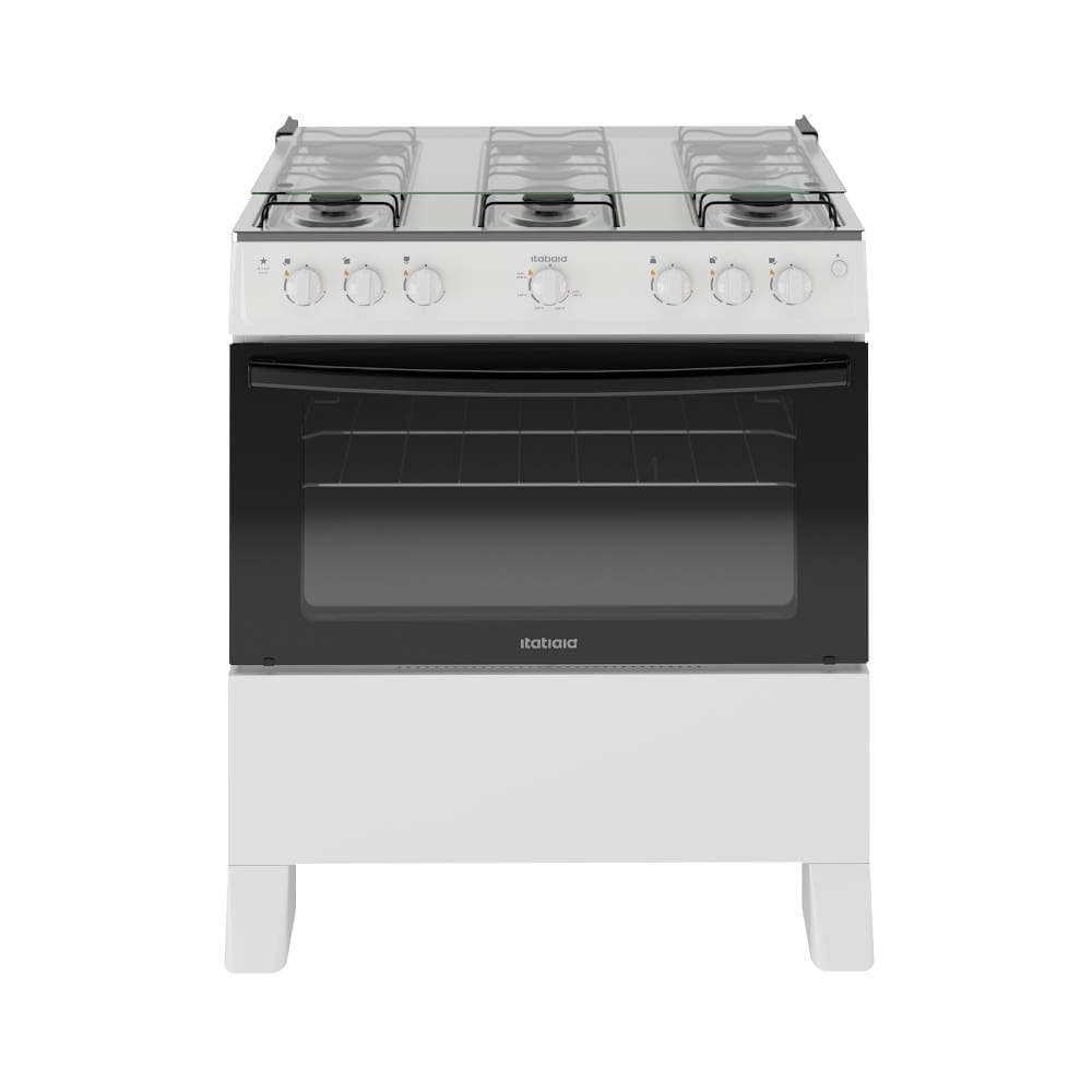 Fogão de piso branco e preto com seis bocas e forno preto, marca italiaga