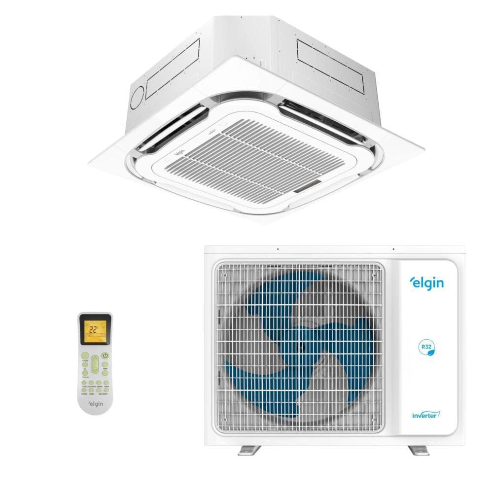 Ar-condicionado split cassete Elgin 36.000 BTUs, branco com detalhes em azul, controle remoto incluído