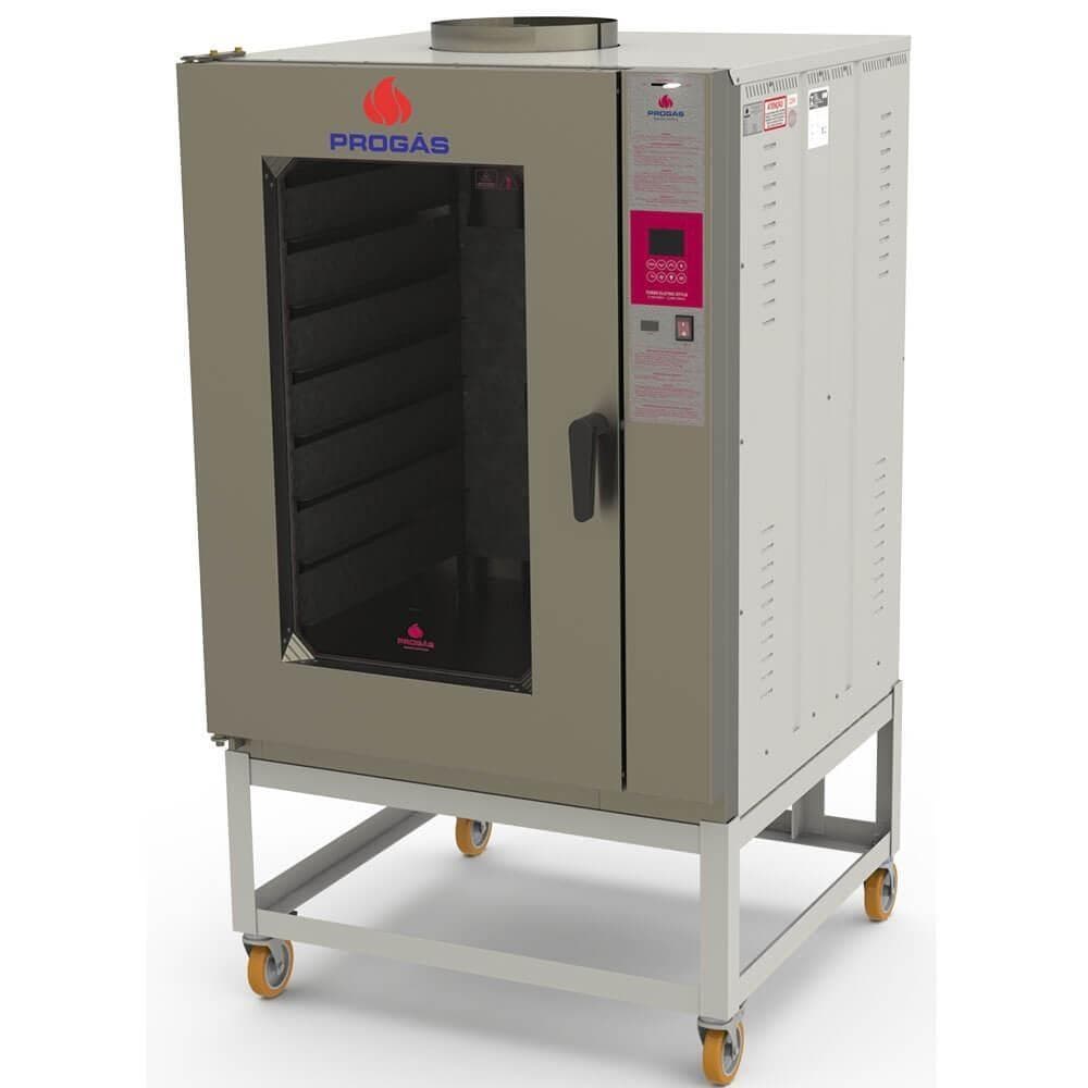 Forno Turbo Industrial Progás PRP-8000 E Style com Vapor Elétrico 220V com Base p/8 Esteiras P37113, cinza, com porta aberta.