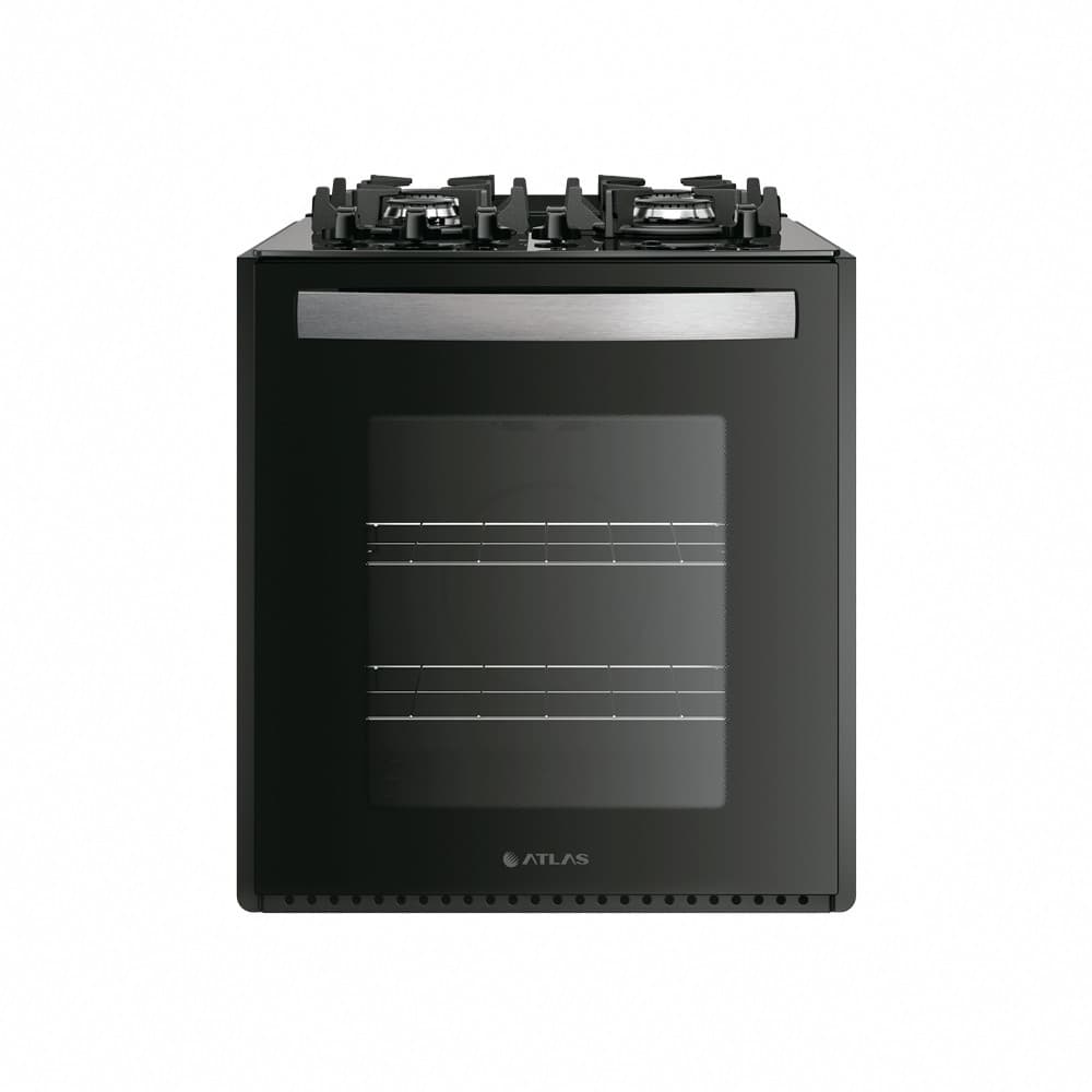 Fogão de Embutir U Top 4 Bocas com Mesa de Vidro Atlas, preto, com porta do forno aberta, fundo branco