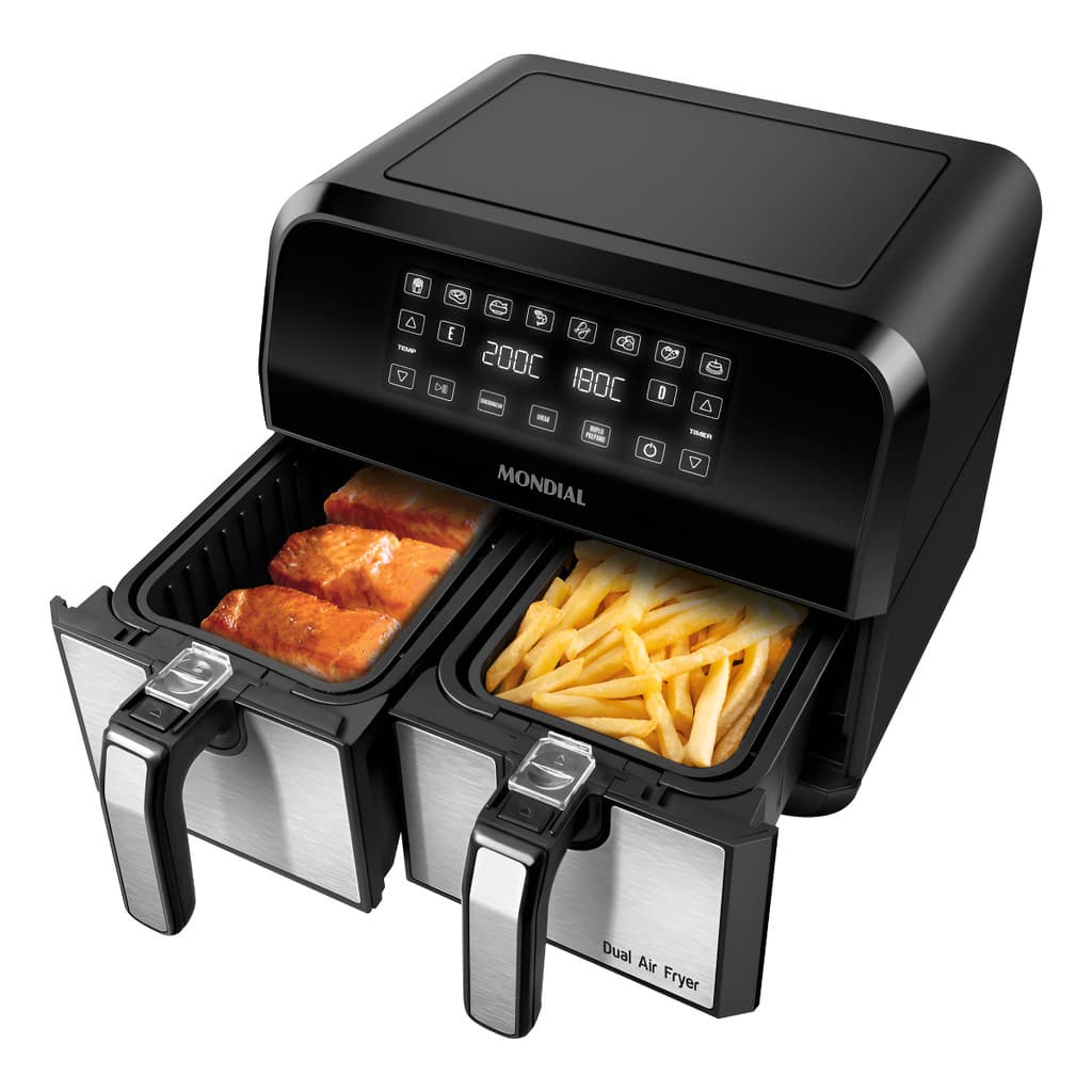 Fritadeira Air Fryer Dual Duplo Cesto 8l Mondial 2200w - Preto com cestos removíveis