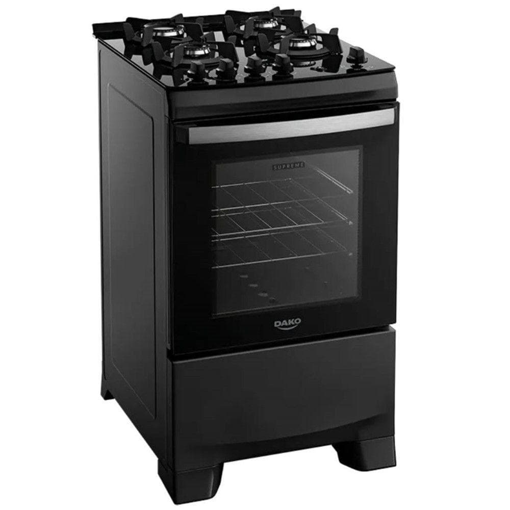 Fogão Dako 4 Bocas Supreme Glass Preto com vidro e grelhas visíveis